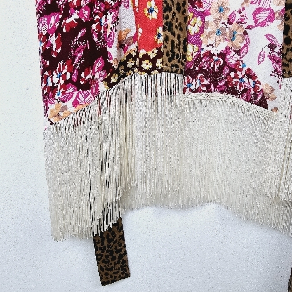 Oddy Mixed Media Patchwork Floral Leopard Print Fringe Kimono, size S/M - Picture 8 of 12